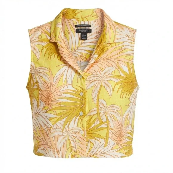 Tahari Women XL 100% Linen Sleeveless Shirt Yellow Tropical Palm Tree Resort - Picture 1 of 5